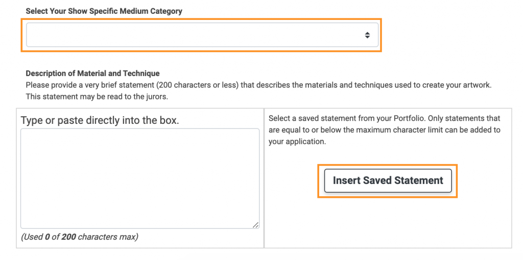 Image of the area where you select a medium category and add a statement of technique. The medium category drop down and the Insert Saved Statement button are both highlighted.