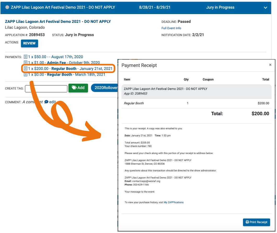 Image of the the My ZAPPlications page and a receipt. A payment on the page is highlighted and there is an arrow going from the payment to the image of the receipt.