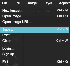 Image showing the File dropdown on Pixlr. "Save . . ." is highlighted.
