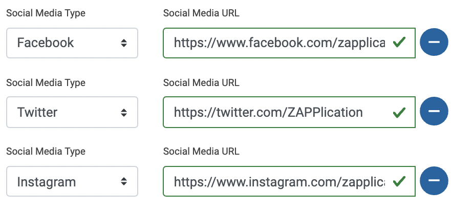 An image showing how users can add social media links on ZAPP. Facebook, Twitter, and Instagram are selected and filled out.