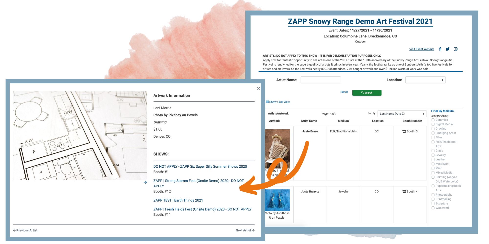 Image of the ZAPP event gallery showing how, if a patron clicks on a listing, they can get more information about the artist and the artist's work.