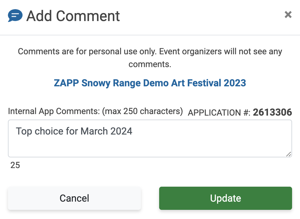 screenshot of the pop-up window that allows users to add a comment to their application