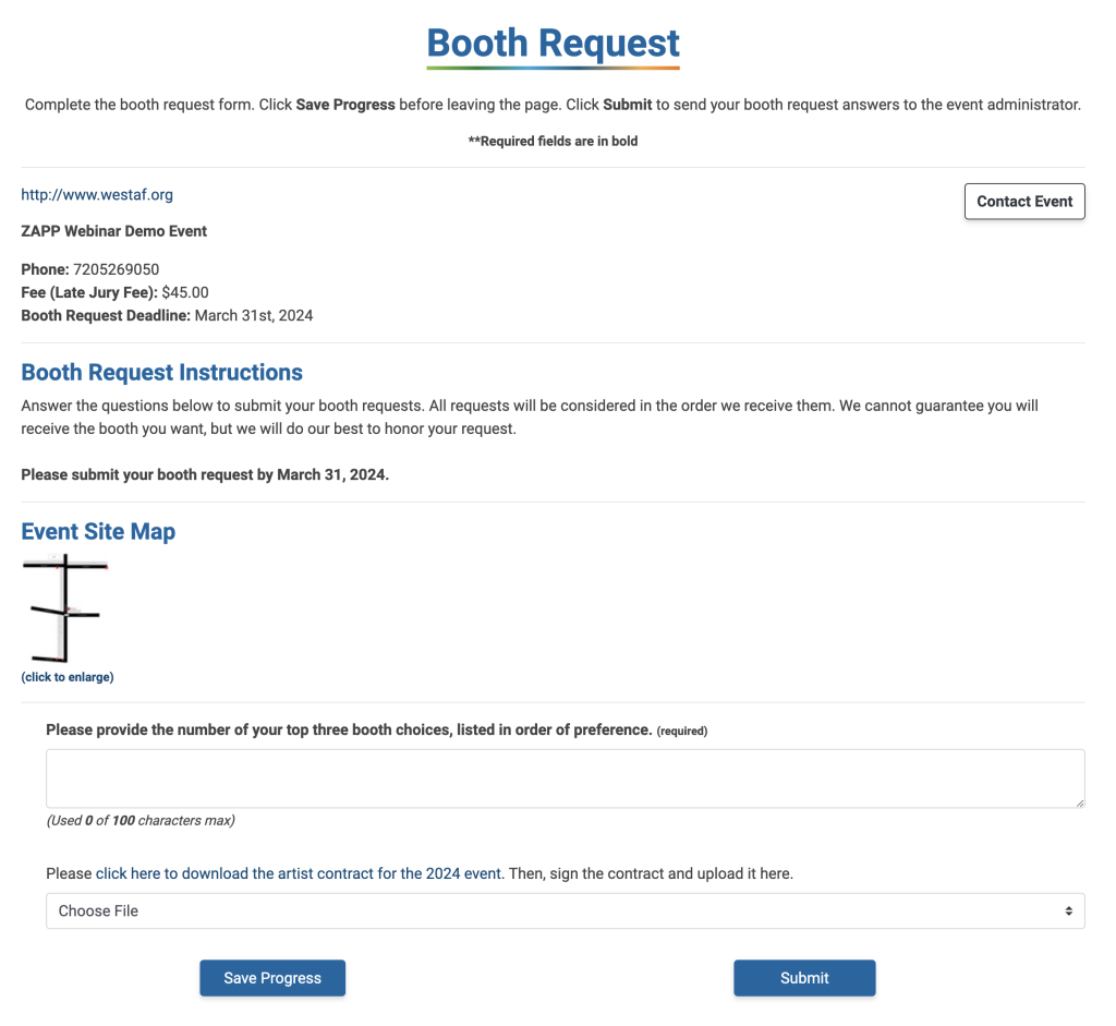 screenshot of the booth request page on ZAPP