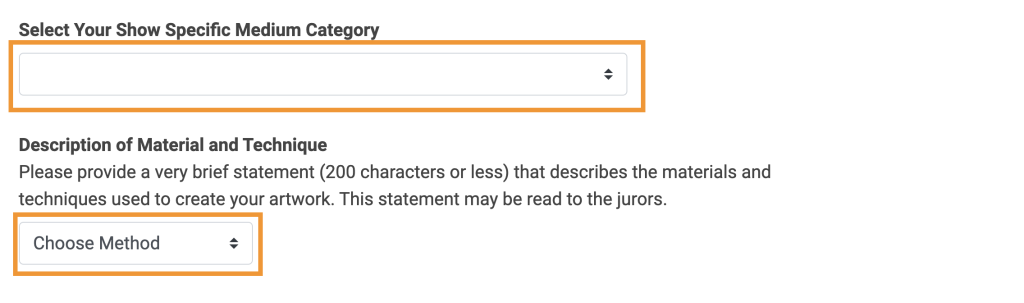 Screenshots of the medium category and description of material and technique sections of the application page.