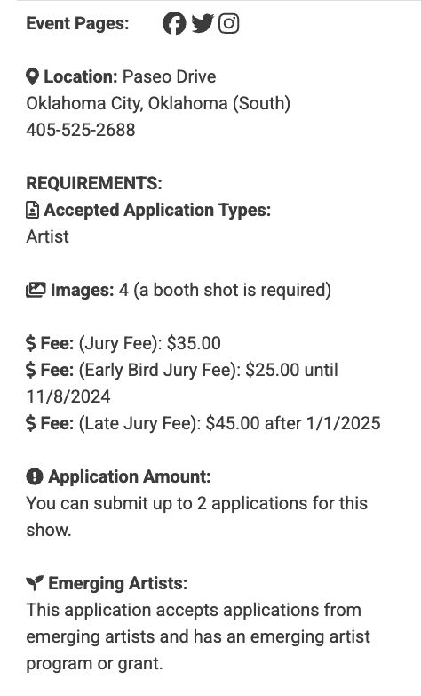 An image showing the basic event information for an event on ZAPP. This includes links to the event's social media pages, the event location, image requirement, jury fees, the number of applications that can be submitted per artist, whether or not the application is by invitation only, and if emerging artist applications are accepted.