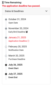 An image of the event timeline for a show on ZAPP. It shows the event's application open date, their early bird deadline, their application deadline, their late application deadline, their notification date, their payment deadline, and the event start date.