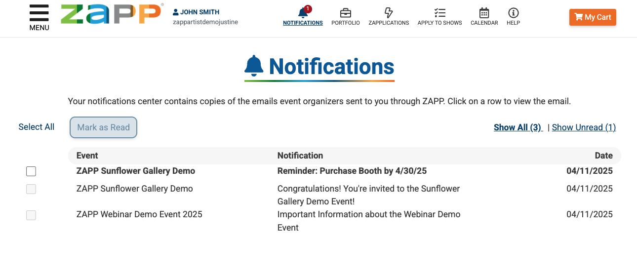 ZAPP Notification Center for Help Center screenshot of the notifications center in ZAPP